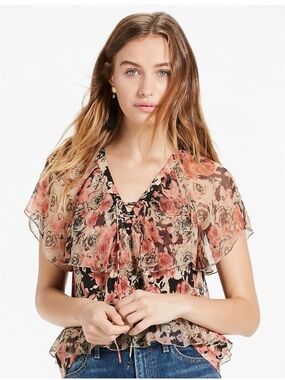 Lucky Brand Rose Print Ruffle Tie-Front Blouse in Pink and Cream